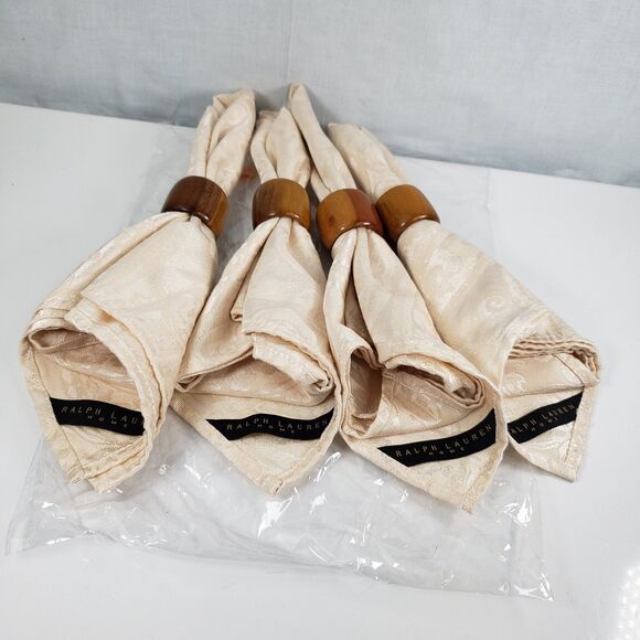 Ralph Lauren Home Cotton Blend Tan Paisley Damask Cream Set of 4 Dinner Napkins - Picture 8 of 13